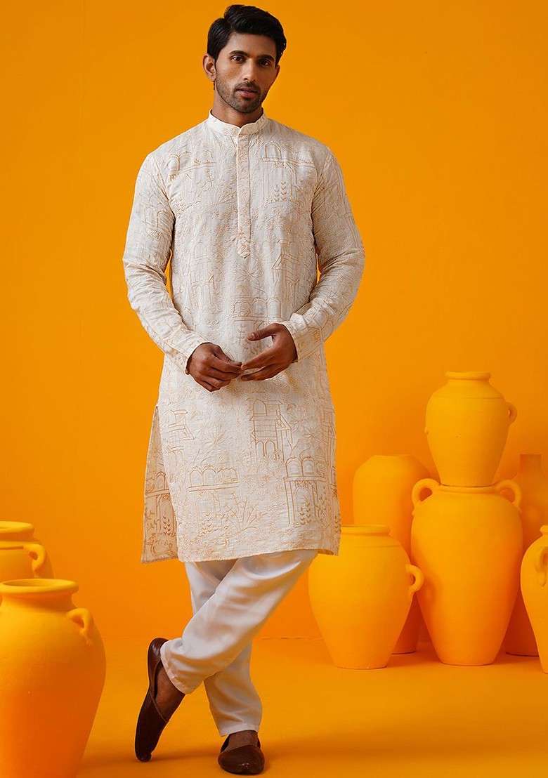 Cream Thread Work Poly Blend Kurta For Men - Indya