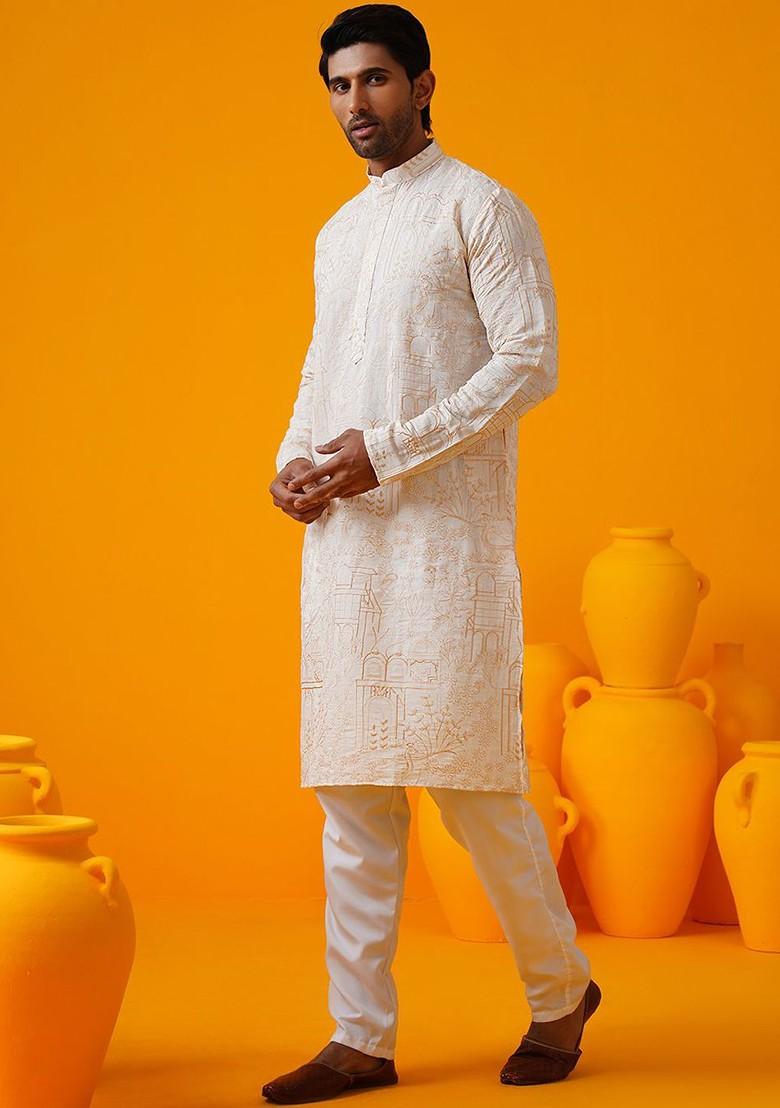 Cream Thread Work Poly Blend Kurta For Men