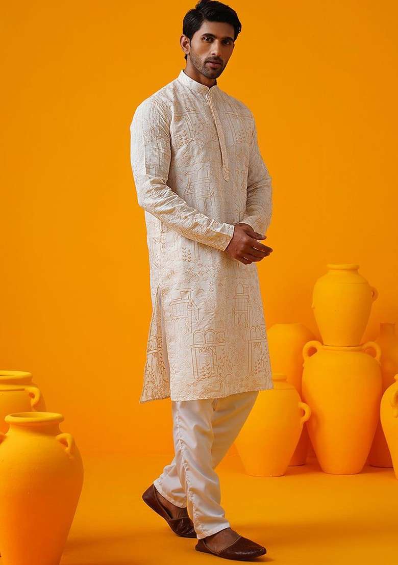 Cream Thread Work Poly Blend Kurta For Men - Indya
