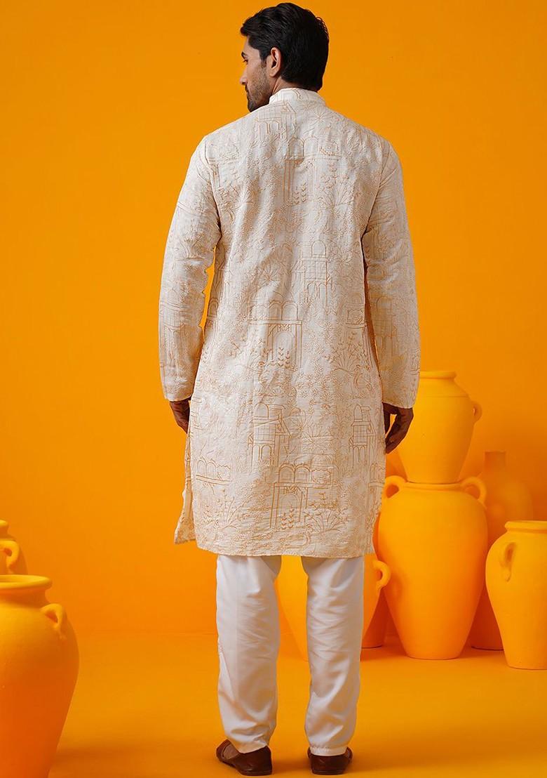 Cream Thread Work Poly Blend Kurta For Men