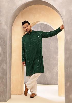 Green Embroidered Poly Blend Kurta For Men