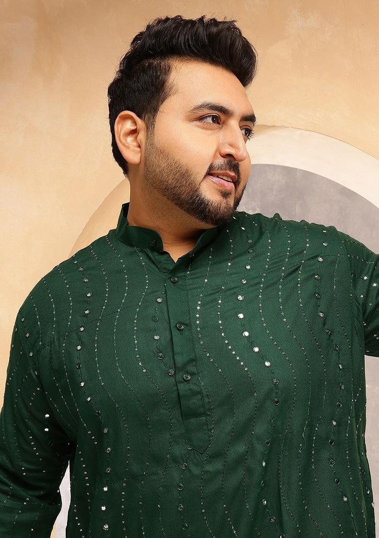 Green Embroidered Poly Blend Kurta For Men