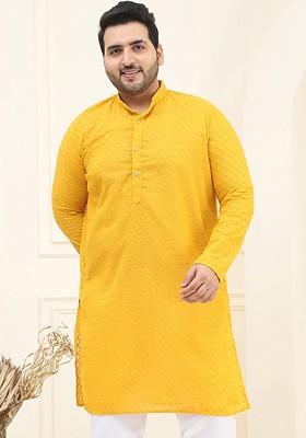 Mustard Embroidered Cotton Kurta For Men