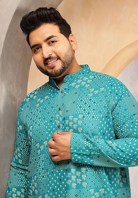 Blue Printed Poly Blend Kurta For Men