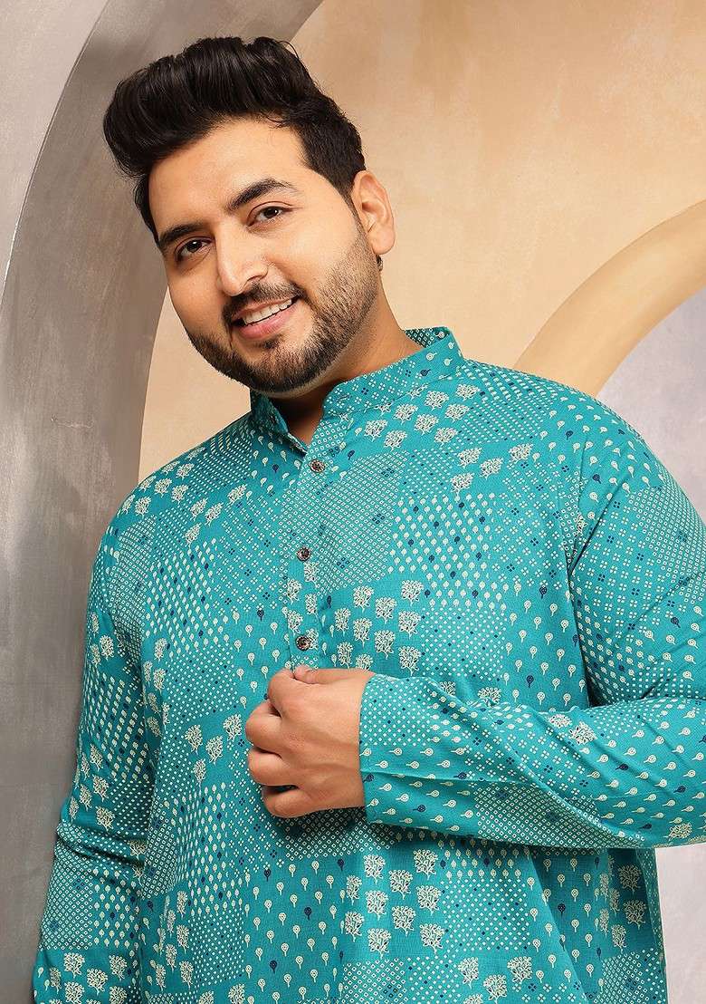 Blue Printed Poly Blend Kurta For Men - Indya