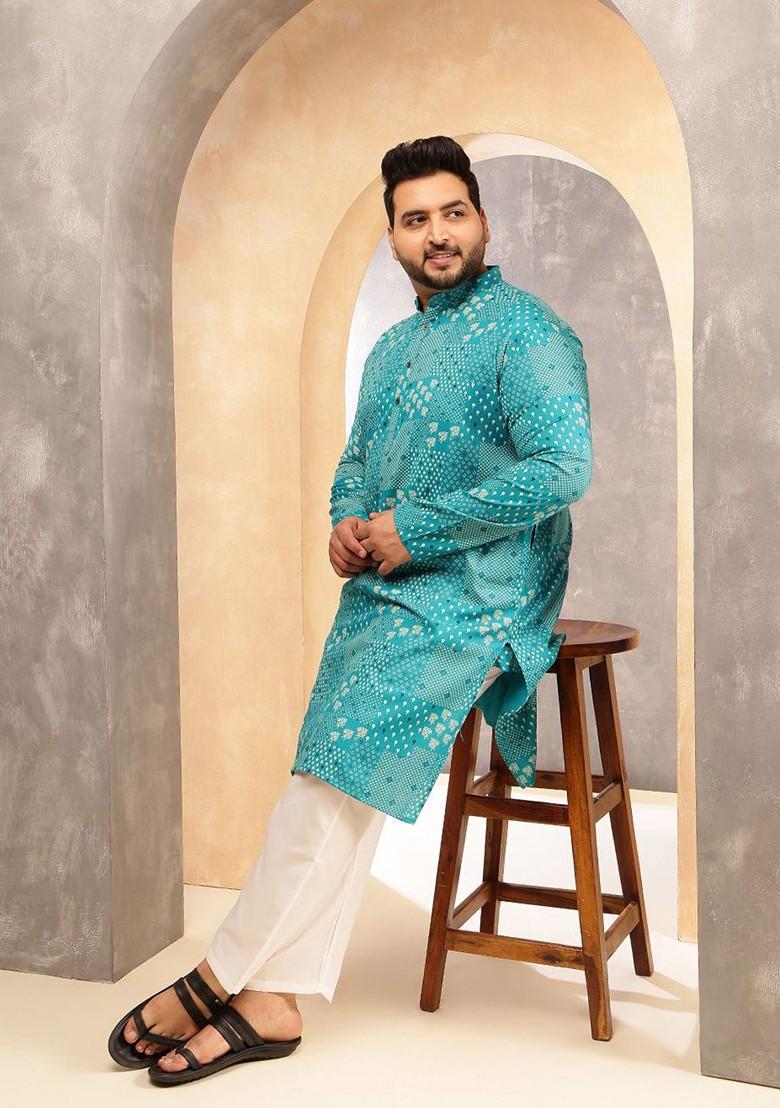 Blue Printed Poly Blend Kurta For Men