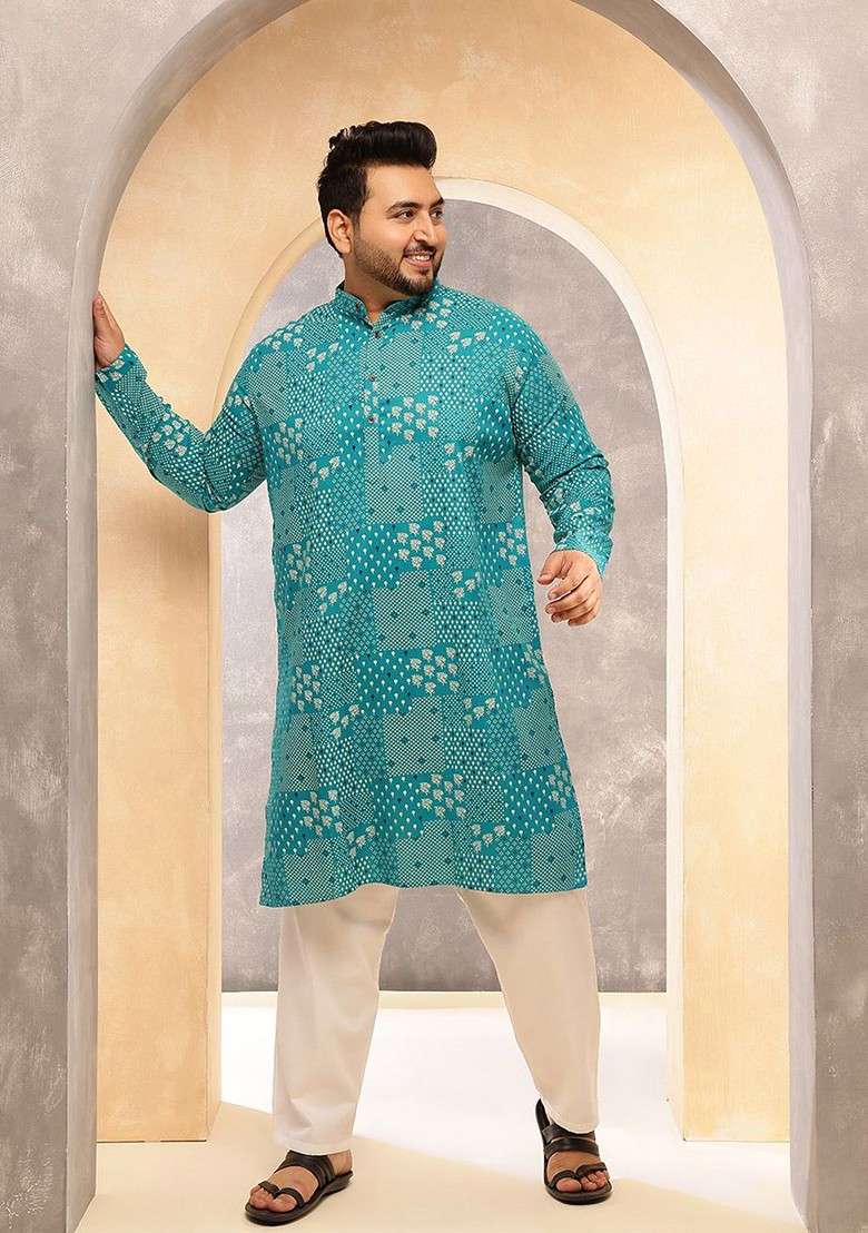 Blue Printed Poly Blend Kurta For Men - Indya