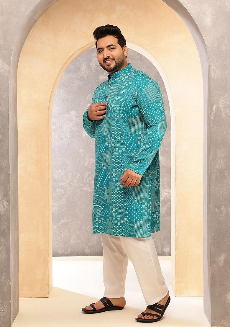 Blue Printed Poly Blend Kurta For Men