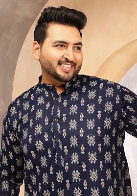Navy Blue Ethnic Motifs Poly Blend Kurta For Men