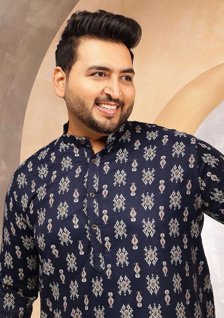Navy Blue Ethnic Motifs Poly Blend Kurta For Men - Indya