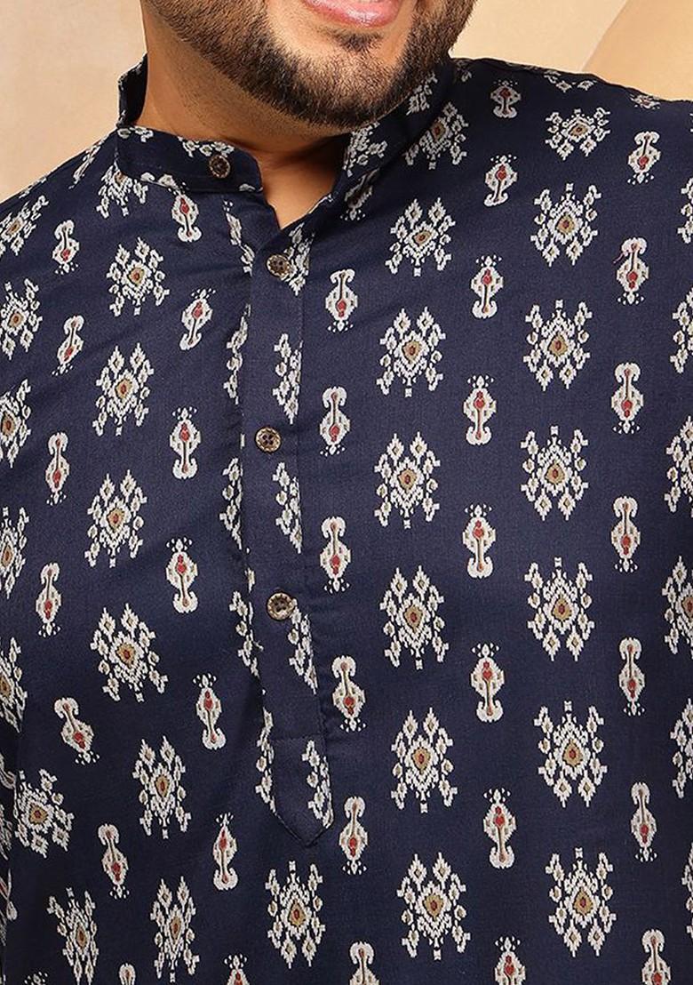 Navy Blue Ethnic Motifs Poly Blend Kurta For Men