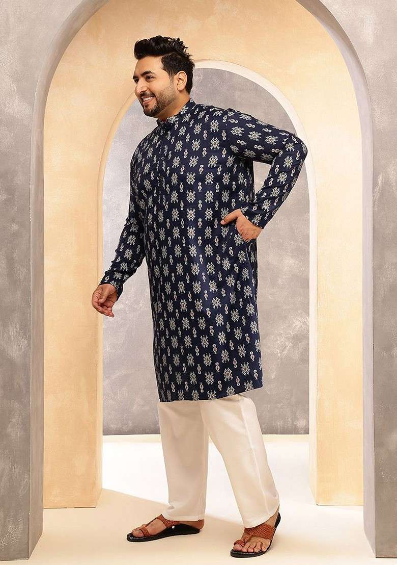 Navy Blue Ethnic Motifs Poly Blend Kurta For Men - Indya