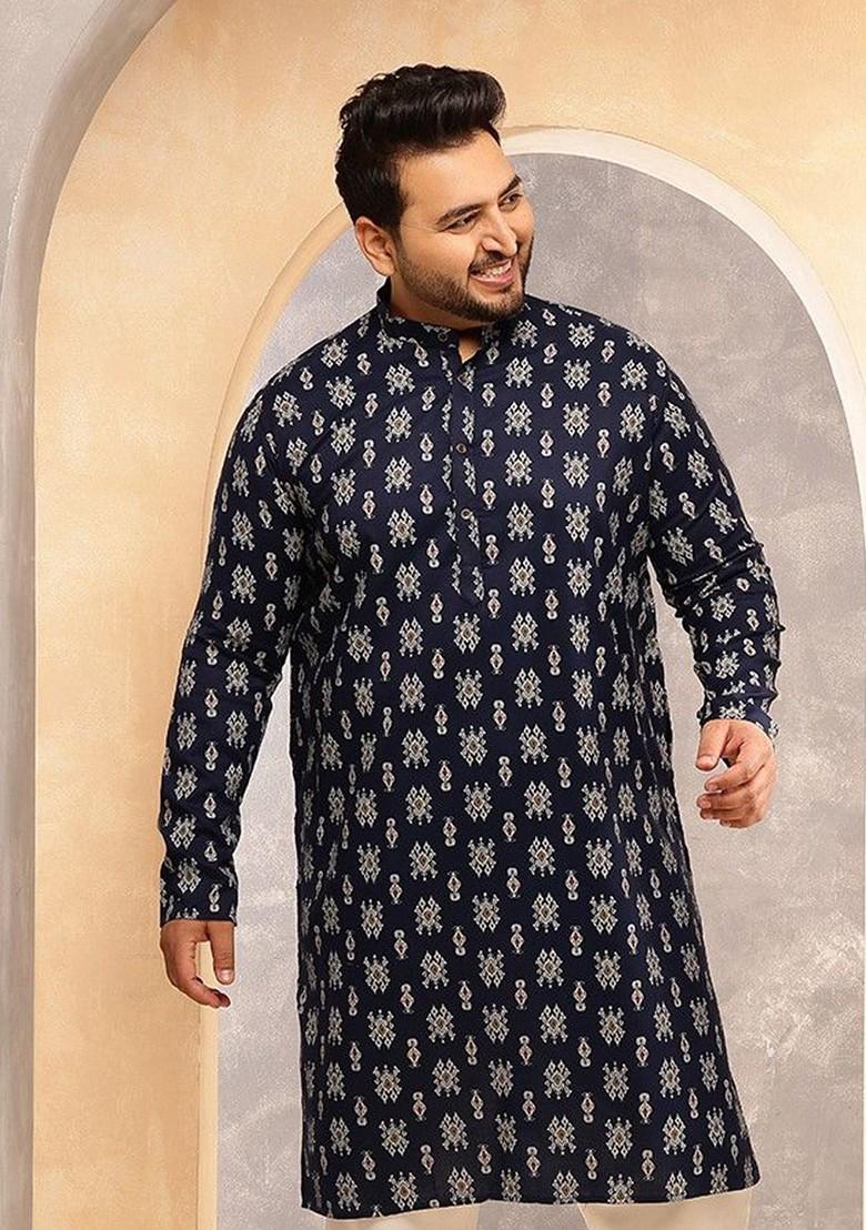 Navy Blue Ethnic Motifs Poly Blend Kurta For Men
