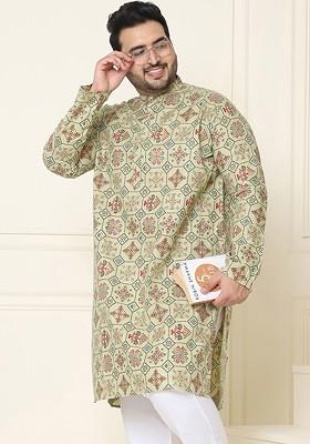 Sea Green Ethnic Motifs Poly Blend Kurta For Men