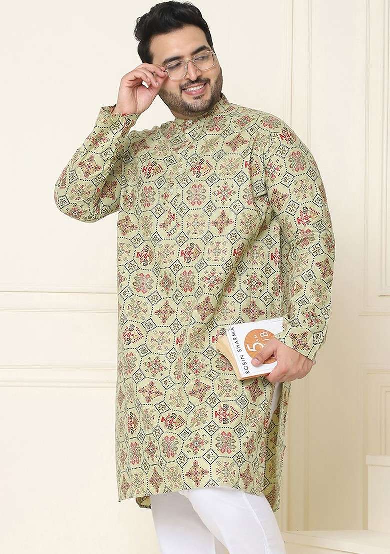 Sea Green Ethnic Motifs Poly Blend Kurta For Men - Indya