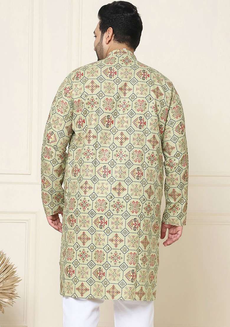 Sea Green Ethnic Motifs Poly Blend Kurta For Men - Indya