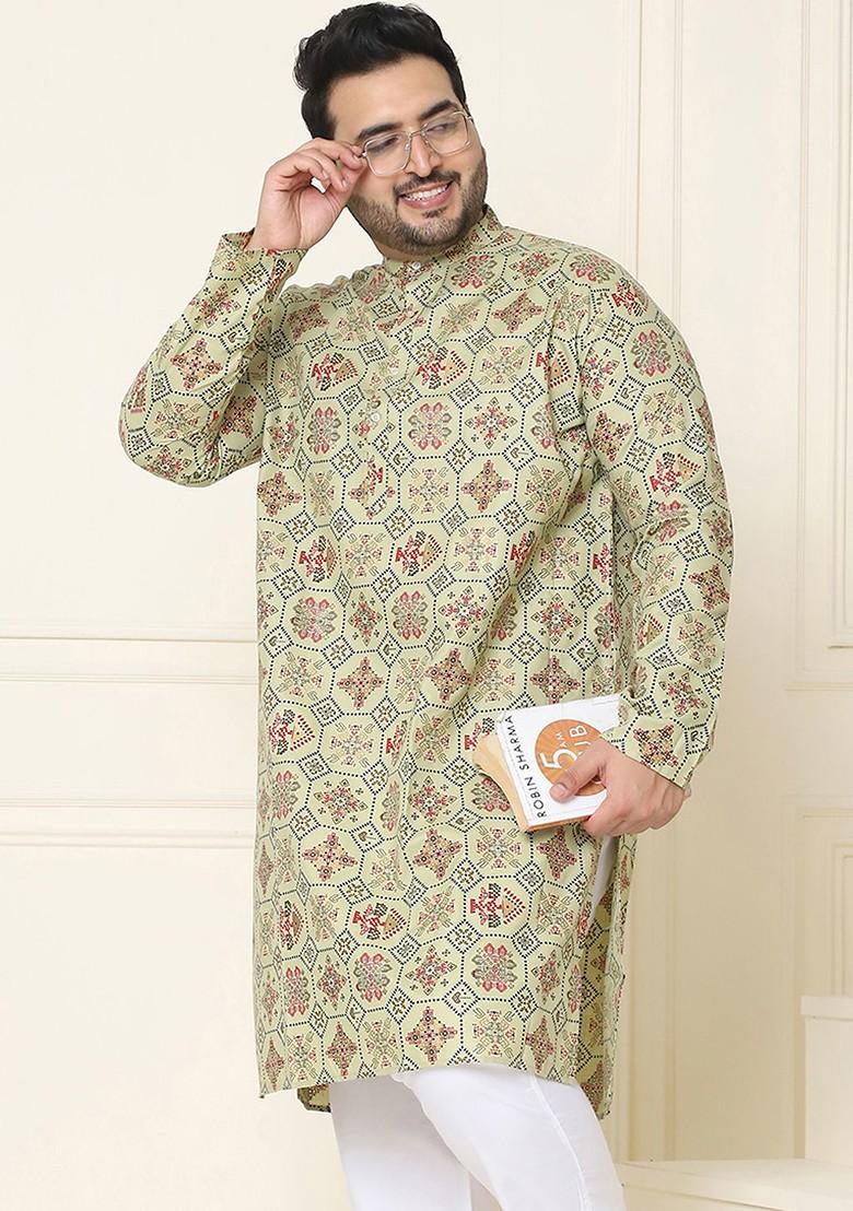Sea Green Ethnic Motifs Poly Blend Kurta For Men