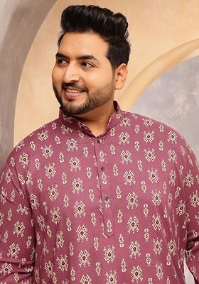 Coral Pink Ethnic Motifs Poly Blend Kurta For Men