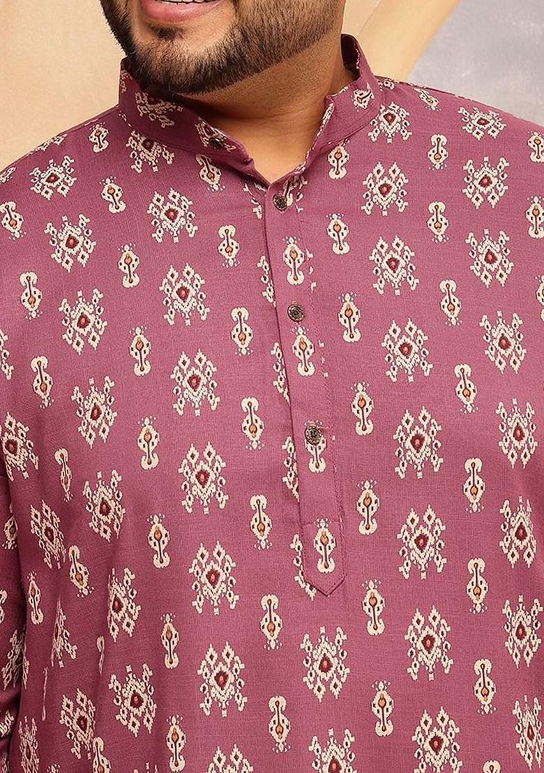 Coral Pink Ethnic Motifs Poly Blend Kurta For Men