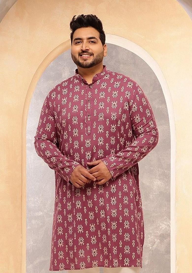Coral Pink Ethnic Motifs Poly Blend Kurta For Men