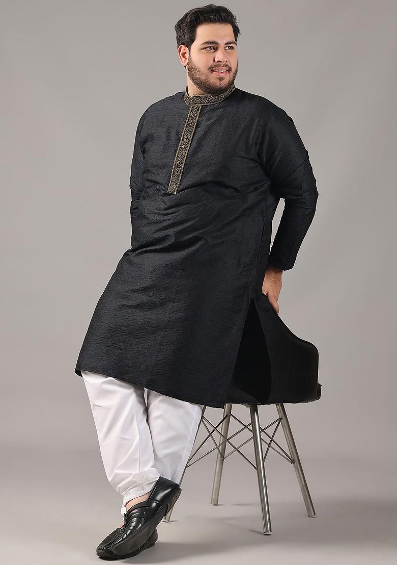 Black Thread Work Poly Blend Kurta For Men