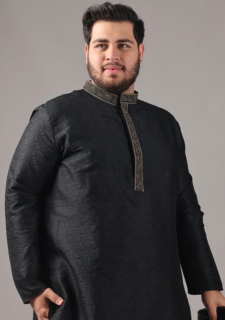 Black Thread Work Poly Blend Kurta For Men
