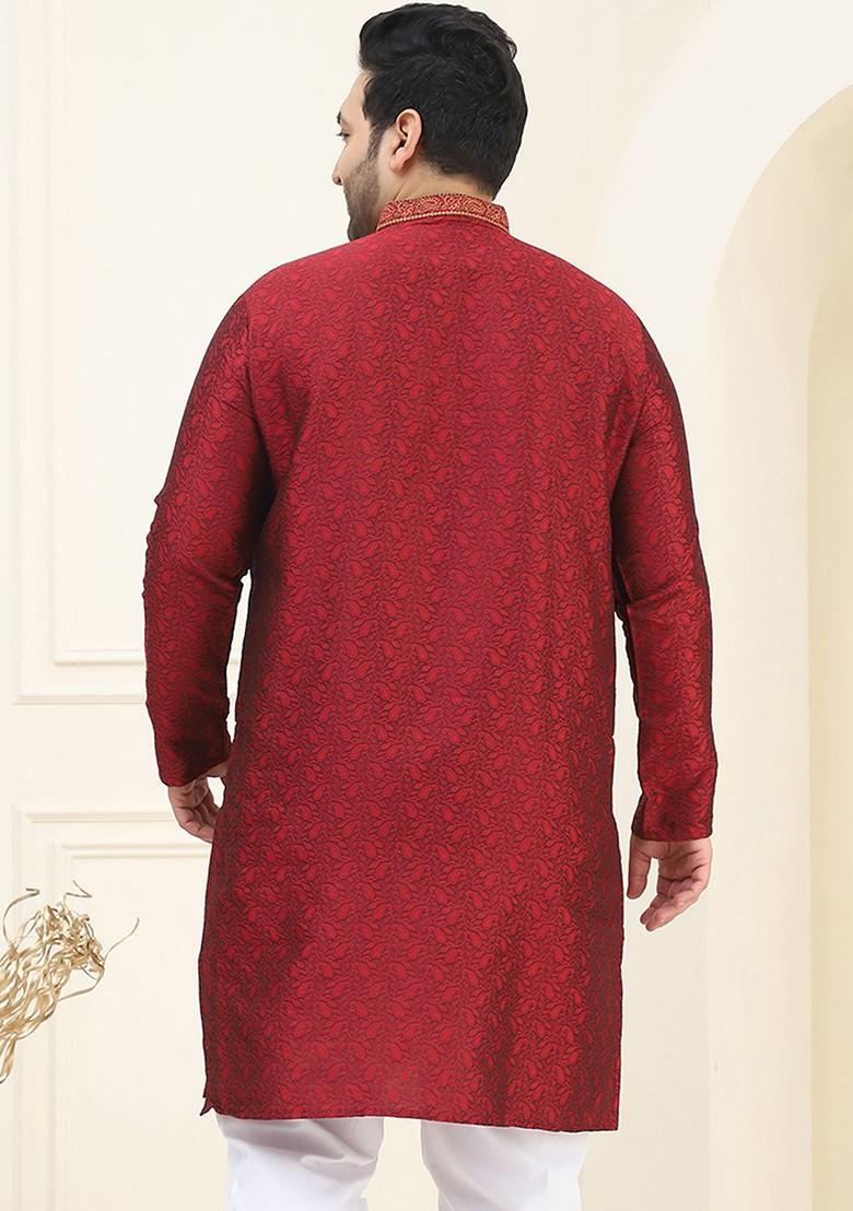 Maroon Thread Work Poly Blend Kurta For Men