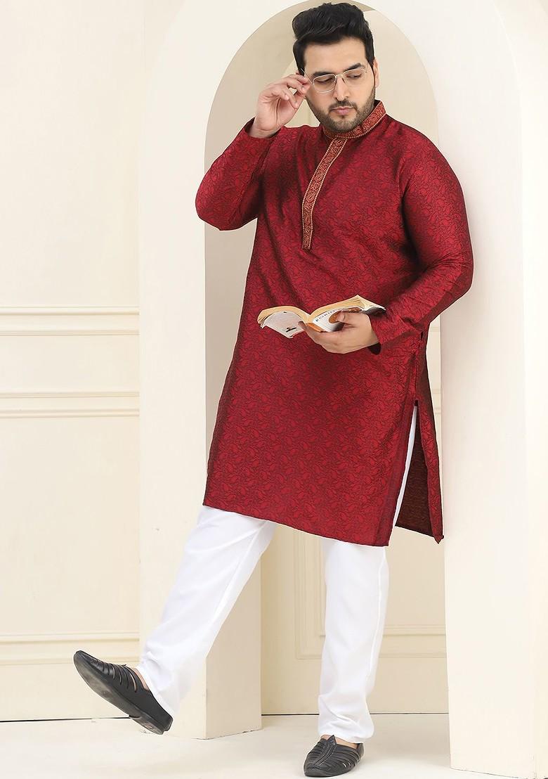 Maroon Thread Work Poly Blend Kurta For Men