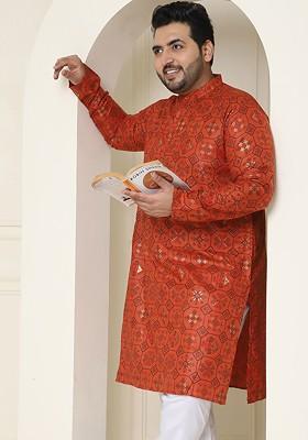 Orange Ethnic Motifs Poly Blend Kurta For Men