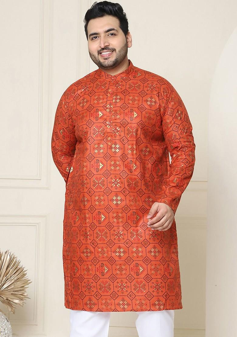 Orange Ethnic Motifs Poly Blend Kurta For Men
