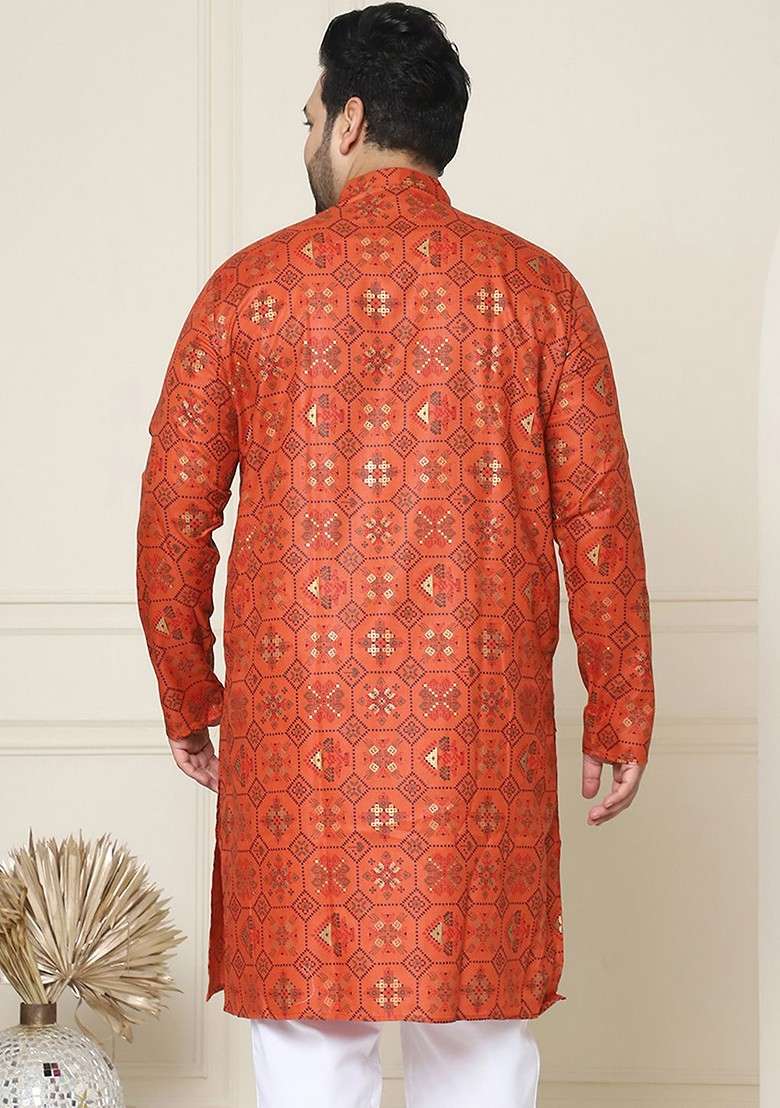 Orange Ethnic Motifs Poly Blend Kurta For Men - Indya