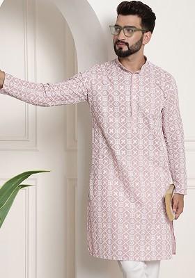 Pink Thread Work Cotton Kurta For Men