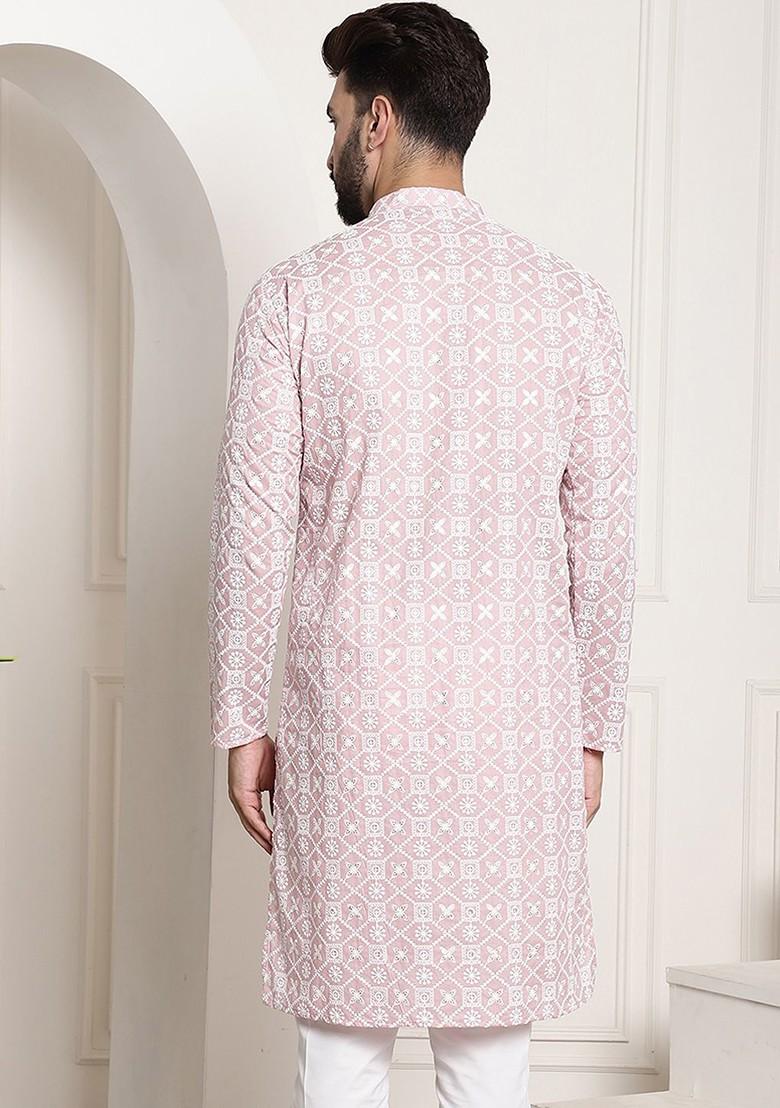 Pink Thread Work Cotton Kurta For Men