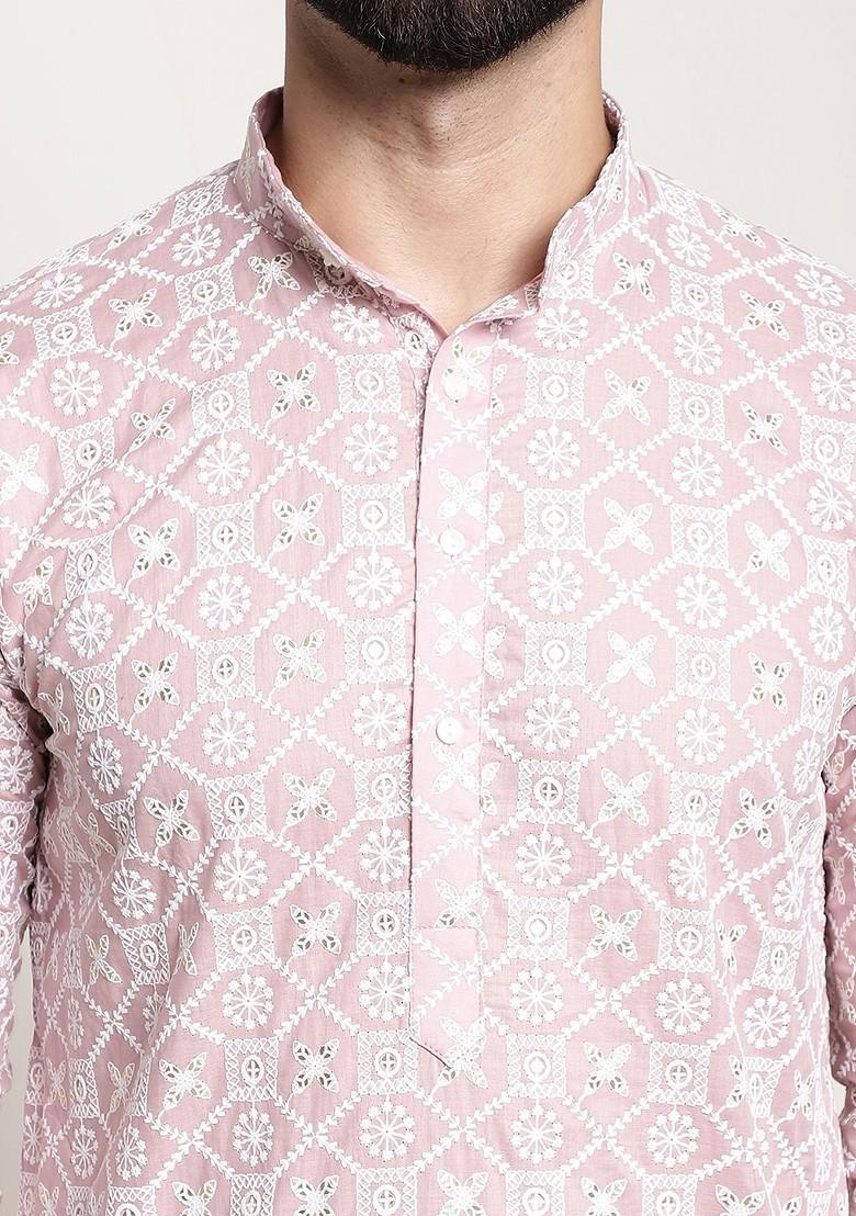 Pink Thread Work Cotton Kurta For Men