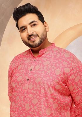Pink Printed Cotton Kurta For Men