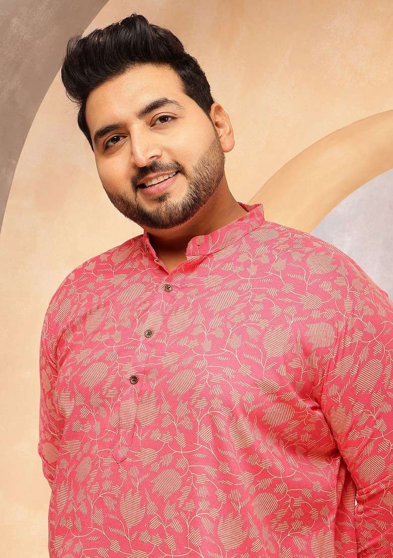 Pink Printed Cotton Kurta For Men - Indya