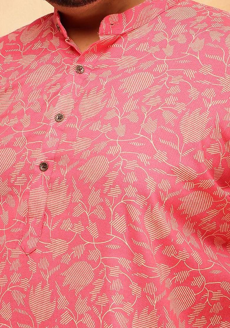 Pink Printed Cotton Kurta For Men