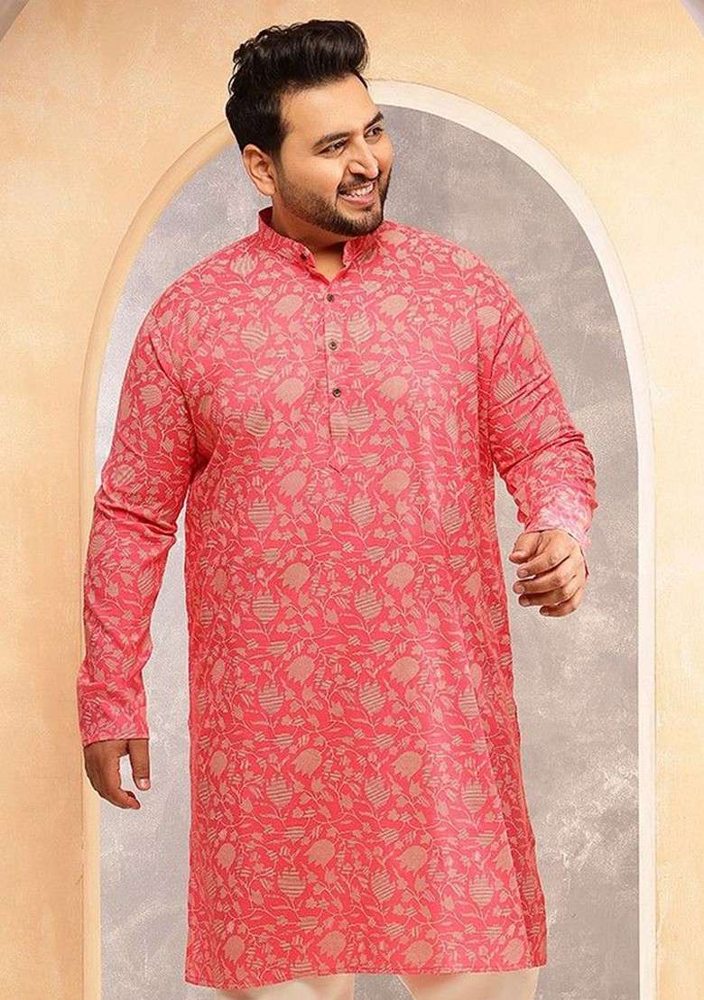 Pink Printed Cotton Kurta For Men - Indya