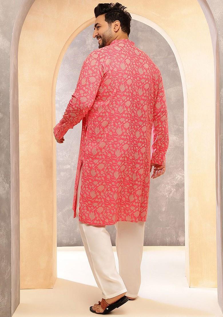 Pink Printed Cotton Kurta For Men