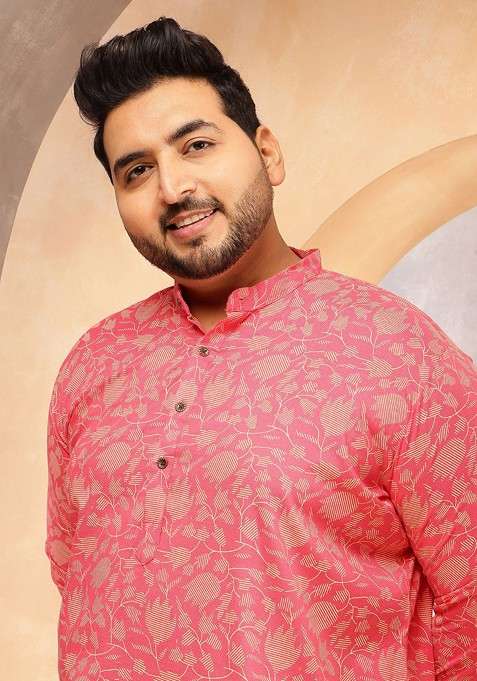 Pink Printed Cotton Kurta For Men