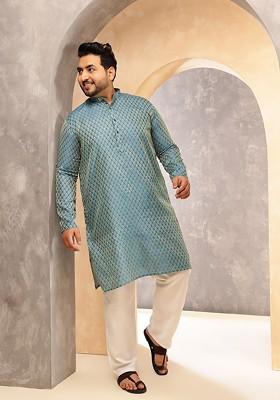 Teal Blue Ethnic Motifs Silk Kurta For Men