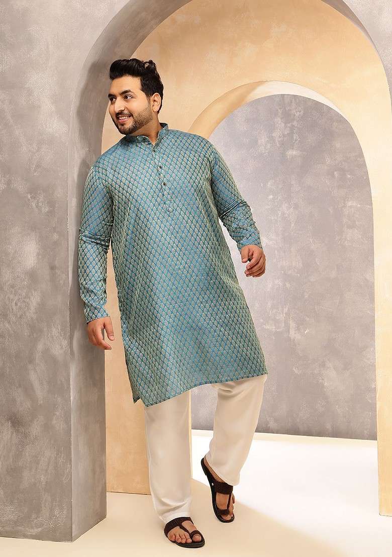 Teal Blue Ethnic Motifs Silk Blend Kurta For Men - Indya