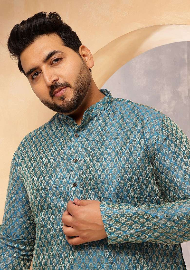 Teal Blue Ethnic Motifs Silk Blend Kurta For Men - Indya