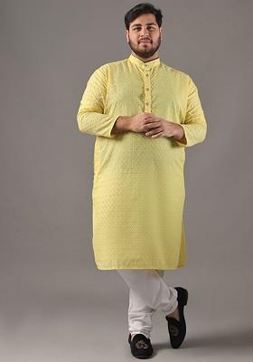 Yellow Embroidered Cotton Kurta For Men