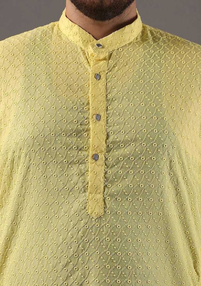 Yellow Embroidered Cotton Kurta For Men