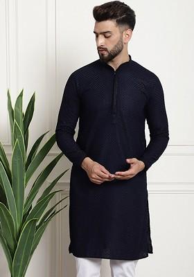 Navy Blue Thread Work Cotton Kurta For Men
