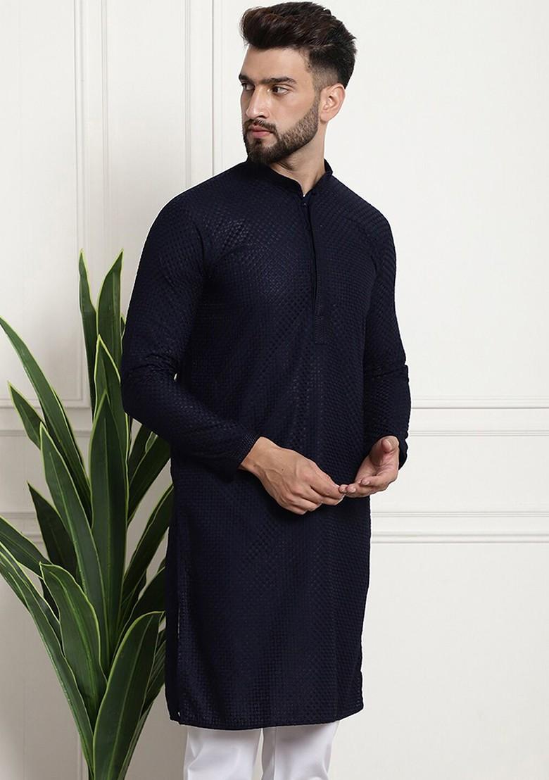 Navy Blue Thread Work Cotton Kurta For Men