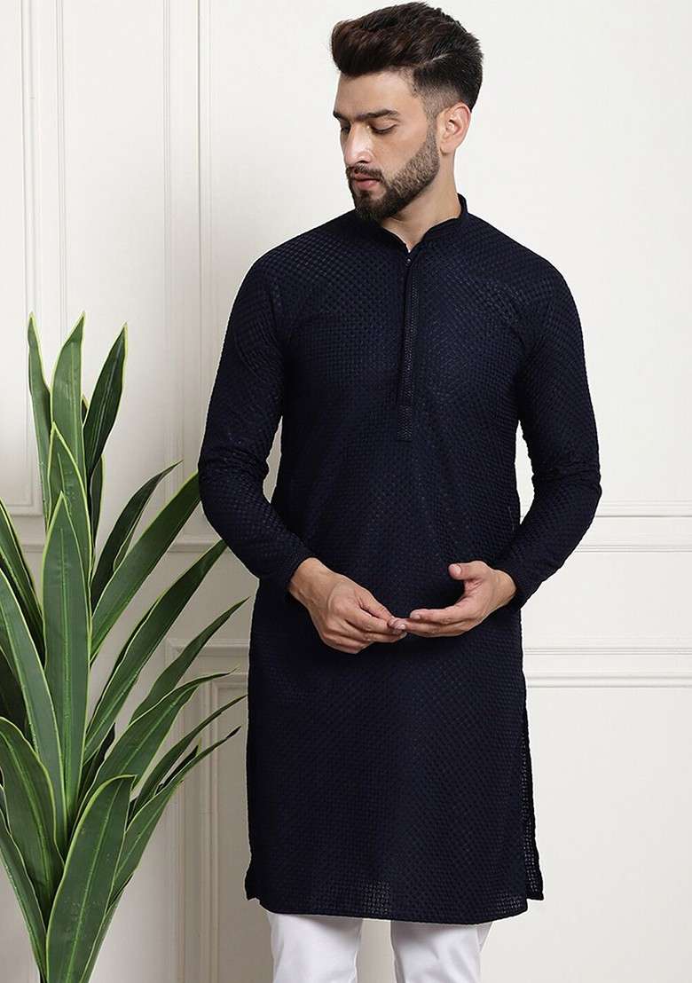 Navy Blue Thread Work Cotton Kurta For Men - Indya