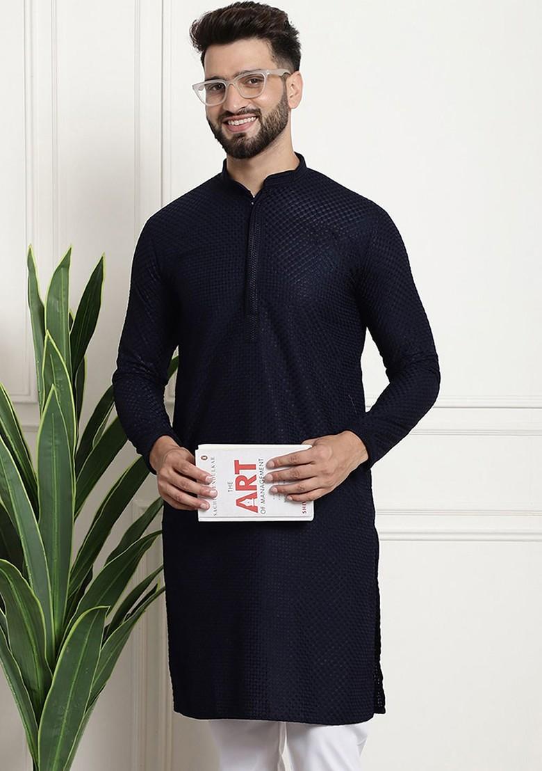 Navy Blue Thread Work Cotton Kurta For Men