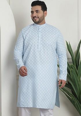 Turquoise Blue Ethnic Motifs Poly Blend Kurta For Men